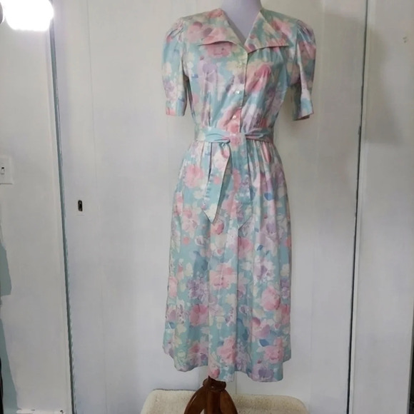 Vtg 80s Lili Richard's Aqua Lavendar Pink Floral Button Down Floral Dress - Picture 16 of 16